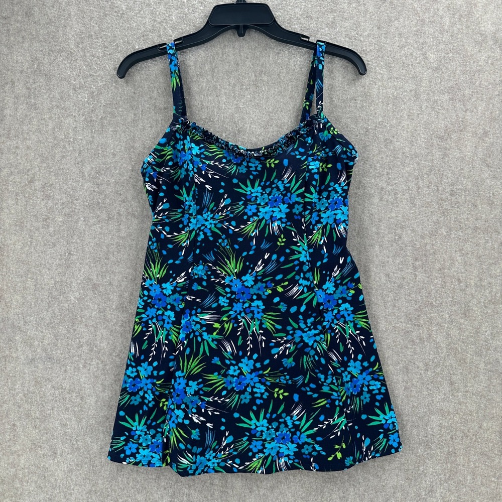 VTG Gabar Womens Floral Ruffle Swim Dress Navy Blue Green Size 10